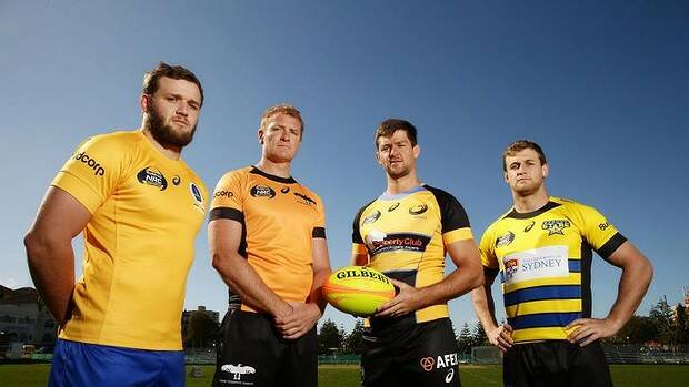SEEING YELLOW: Curtis Browning of Brisbane City, Cam Treloar of NSW Country Eagles, Willhelm Steenkamp of Perth Spirit and Pat McCutcheon of the Sydney Stars pose for the launch of the National Rugby Championship. Photo: GETTY IMAGES