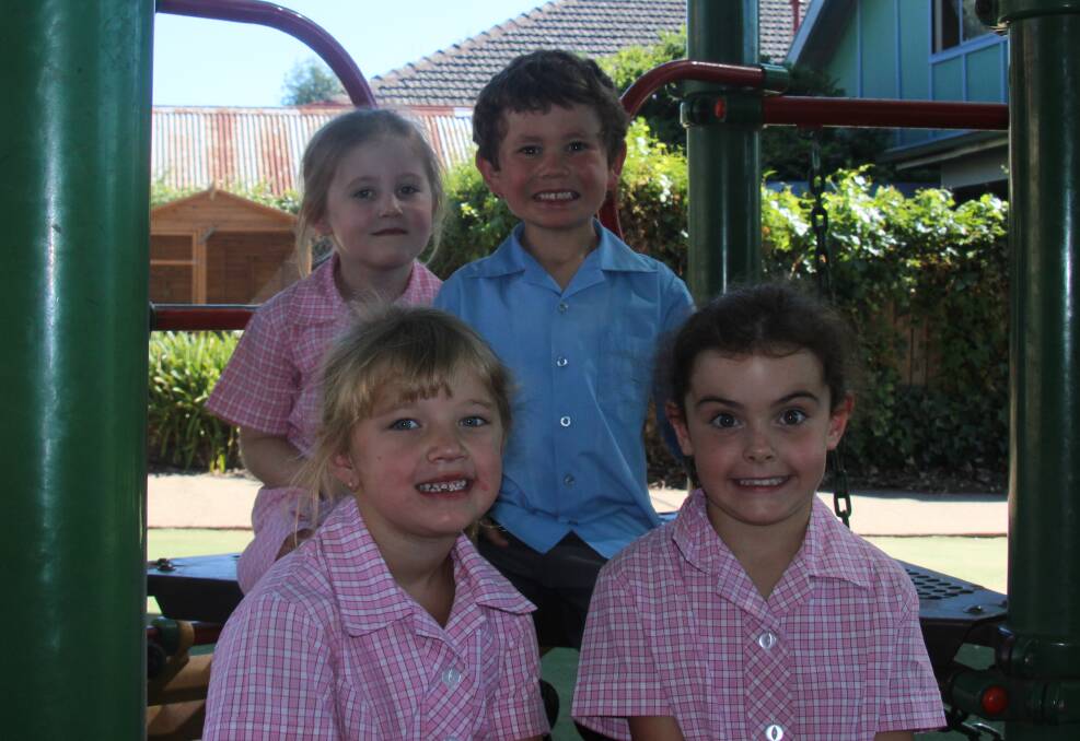 THEIR STORY: Catherine McAuley Catholic School students Annabelle McNeill, Maggie May, Lachlan Crump and Emerson Allen starred in chapter one of 'The Kindergarten Diaries'. Photo: DAVE NEIL