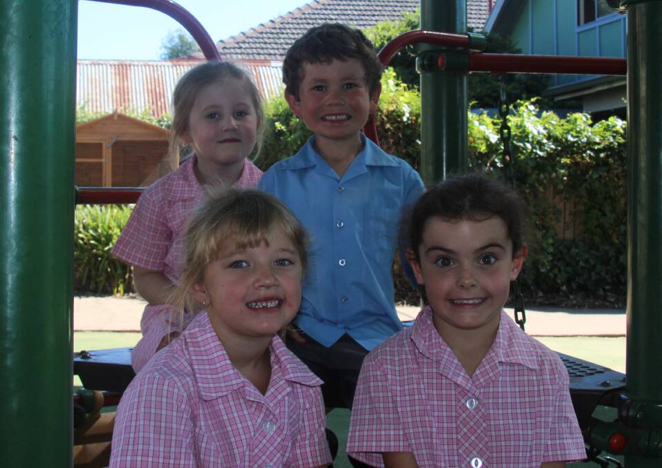 OPENING UP: Annabelle, Emerson, Maggie and Lachlan were only too happy to share their thoughts on their first days in kindergarten at Catherine McAuley Catholic School. Photo: DAVE NEIL