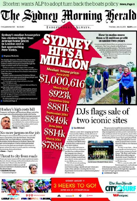 The front page of Wednesday's Sydney Morning Herald.