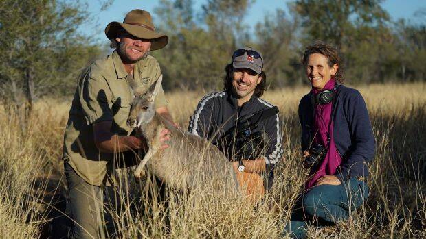 Filmmakers Michael McIntyre and Kate McIntyre Clere with Chris 'Kangaroo Dundee' Barns. Photo: Supplied
