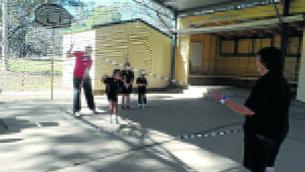 SKIP A BEAT: The Heart Foundation Jump Rope for Heart Outreach officer Kane Radford with Euchareena Public School students Amy Cummings, Chloe Gosling and Koby Spiers. Photo: CONTRIBUTED                                                            0428jump2