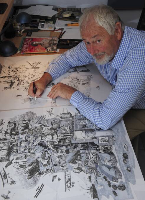 ANZAC 100: Yarralumla artist, Jim Kaucz, at his home studio, working on a pen and ink poster, depicting scenes from World War One, which will be available through Fairfax Media, to commemorate 100 years since the landing on Gallipoli.
Photo: GRAHAM TIDY