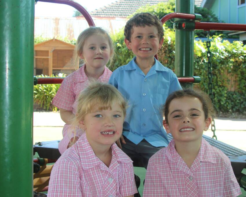BIG STEPS: (back) Maggie May, Lachlan Crump, (front) Annabelle McNeill and Emerson Allen say big school is a big step up from preschool.
Photo: DAVE NEIL 
