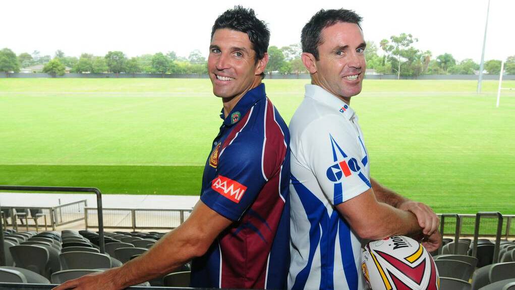 DUBBO: Country coach Trent Barrett with City counterpart Brad Fittler at yesterday's launch at Apex Oval. Photo LOUISE DONGES