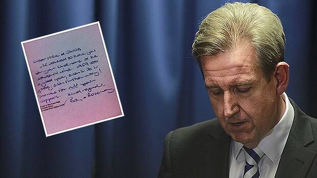 NSW Premier Barry O'Farrell and, inset, the handwritten note which bought about his demise.