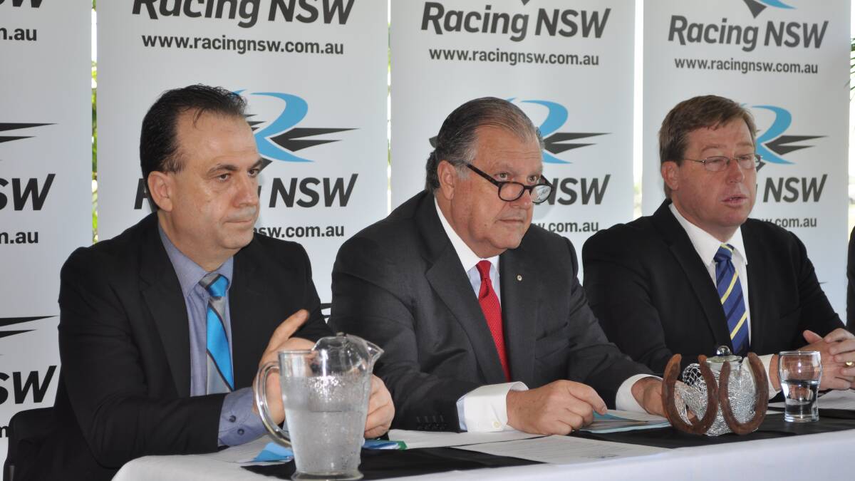 Racing NSW chief executive Peter V'Landys, chairman John Messara and NSW deputy premier Troy Grant at today's announcement. Photo: BEN WALKER