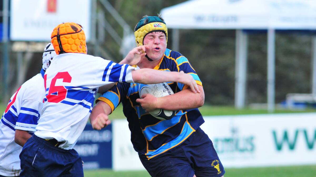 Central Wests’s Jack Jones runs into the Eastwood defence during the NSW Rugby Under 14 Championships in Orange. Photo: JUDE KEOGH 0607jrrugby15