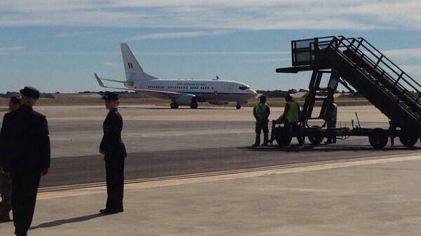 The Duke and Duchess of Cambridge arrive at the Edinburgh RAAF base in Adelaide's northern suburbs.