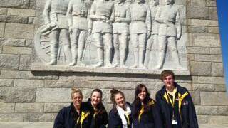 TURKISH MEMORIAL VISIT: The Canobolas Rural Technology High School teacher Kirsten Hutchinson and students Jacinta Percival, Rebecca Steedman, Alissa Meagher and Andrew Gray at the Canakkale Martyrs’ Memorial, located at the southern end of the Gallipoli Peninsula. Photo contributed
