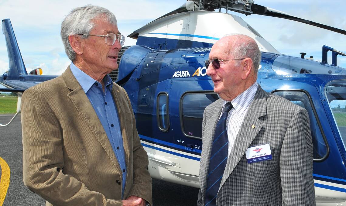 HIGH FLYERS: Entrepreneur Dick Smith flew his helicopter to Orange to launch The Hazelton Story about aviation legend Max Hazelton. Photo: JUDE KEOGH