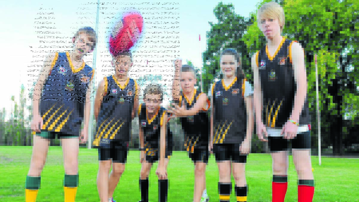 STILL MAKING THEIR MARK: Orange Tigers junior players Henry Shepherd, Charlie Kemp, Brendan Dwyer, Austin Pearce, Alisha  Dwyer and Angas Shepherd have come up through the AFL ranks in a system with no scoring. Photo: STEVE GOSCH	              0331SPORT