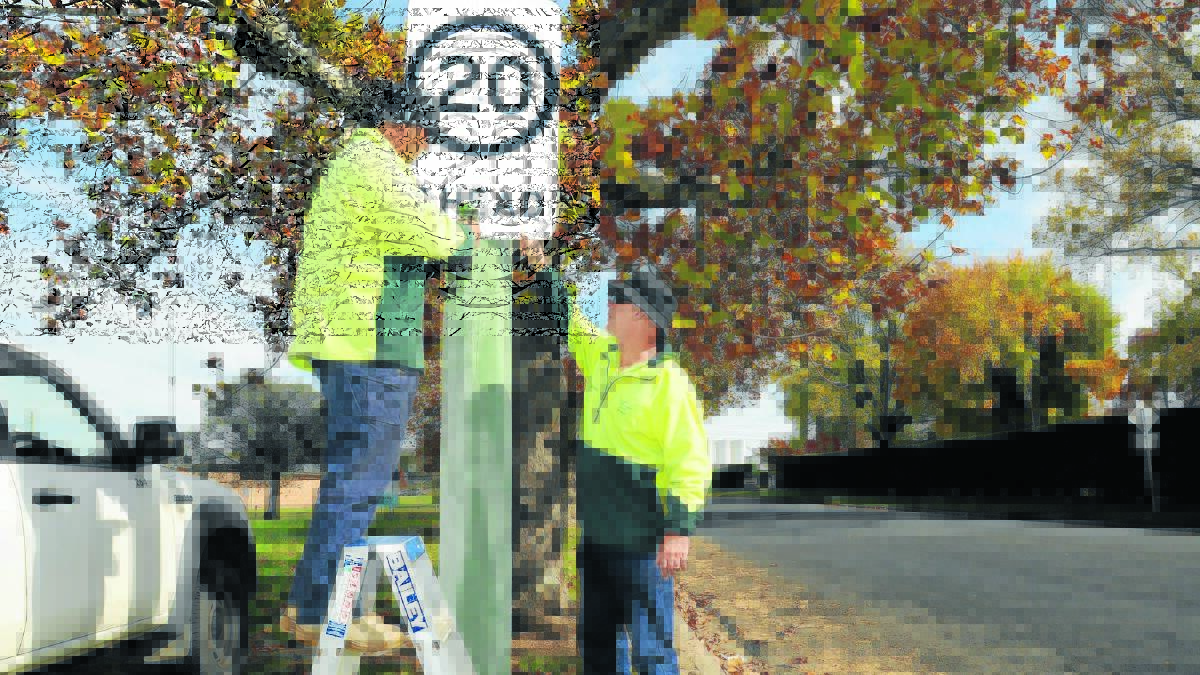 THE LIMIT: Orange City Council workers Robert Costello and Brad Whitton erect the temporary signs near the Showground which will slow traffic to 20km/h in Leeds Parade and Phillip Street during the show. Photo: STEVE GOSCH          0509speed
