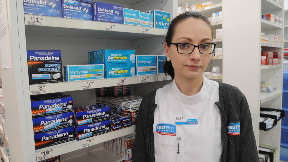 REAL PATIENTS PAY: Pharmacist Krysti-Lee Rigby says requiring patients to get a doctor’s prescription to purchase codeine medications will not work. Photo: STEVE GOSCH  1005sgpharm1