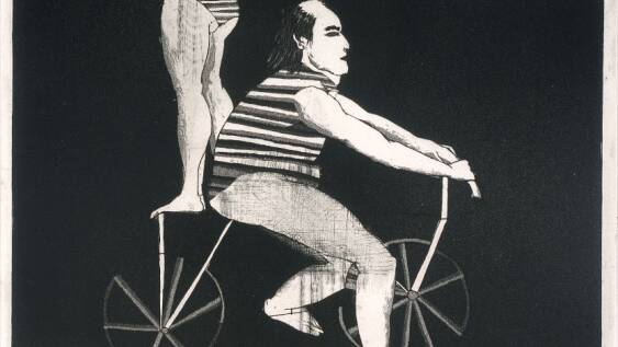 COME UP AND SEE MY ETCHINGS:  Performers with bicycles 1964 etching and aquatint 17.1 x 24.8cm.
