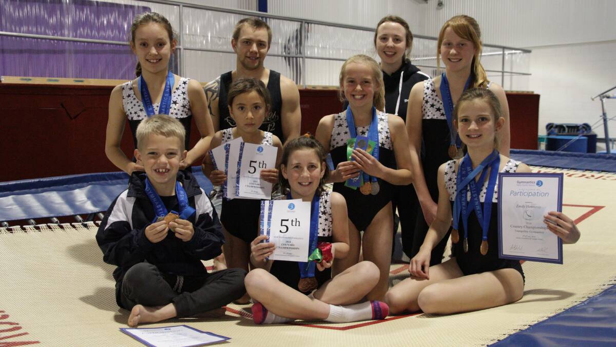 BOUNCING BACK: Orange PCYC gymnasts (back, left) Brad Rossiter, Tameeka Thorley, (middle, left) Niamh McPhee, Bonnie McPhee, Chloe Jaques , Laura Mascord, (front, left) Connor Shields, Zareah Coughlan, Emily Hennessy. Photo: MEGAN FOSTER 0724gymmf1