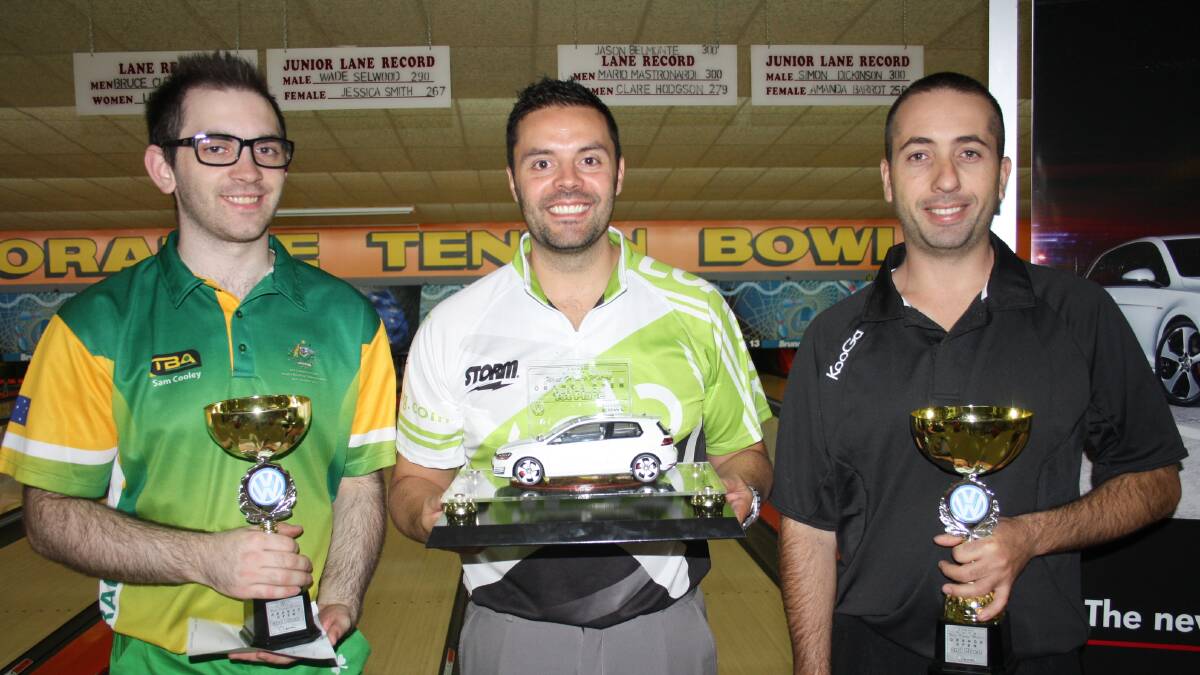 AND THEN THERE WERE THREE: Sam Cooley (left), Jason Belmonte and Jamie Kyriacou were the top three at the West Orange Motors Open on the weekend. 			    Photo: MICHELLE COOK 0504mctenpin