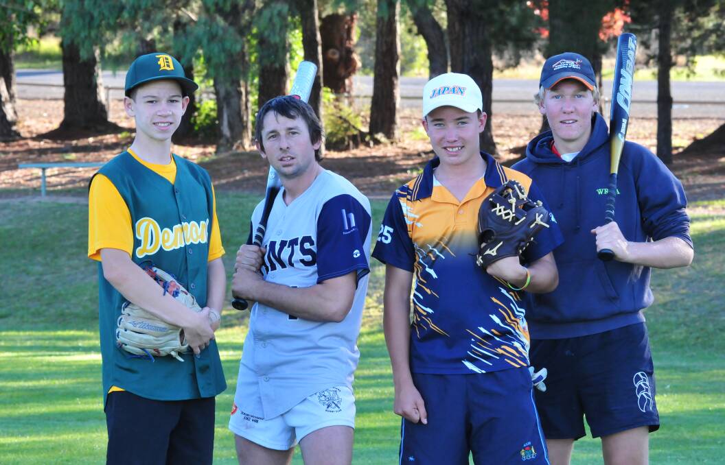 BASES LOADED: Orange District Softball Association young guns Tom Zeylemaker, Joel Wiseman, Mac Reith-Snare and Aiden Kelly will play in the Geroge’s River Softball Association men’s league this weekend in Orange.  Photo: JUDE KEOGH 0424softball1