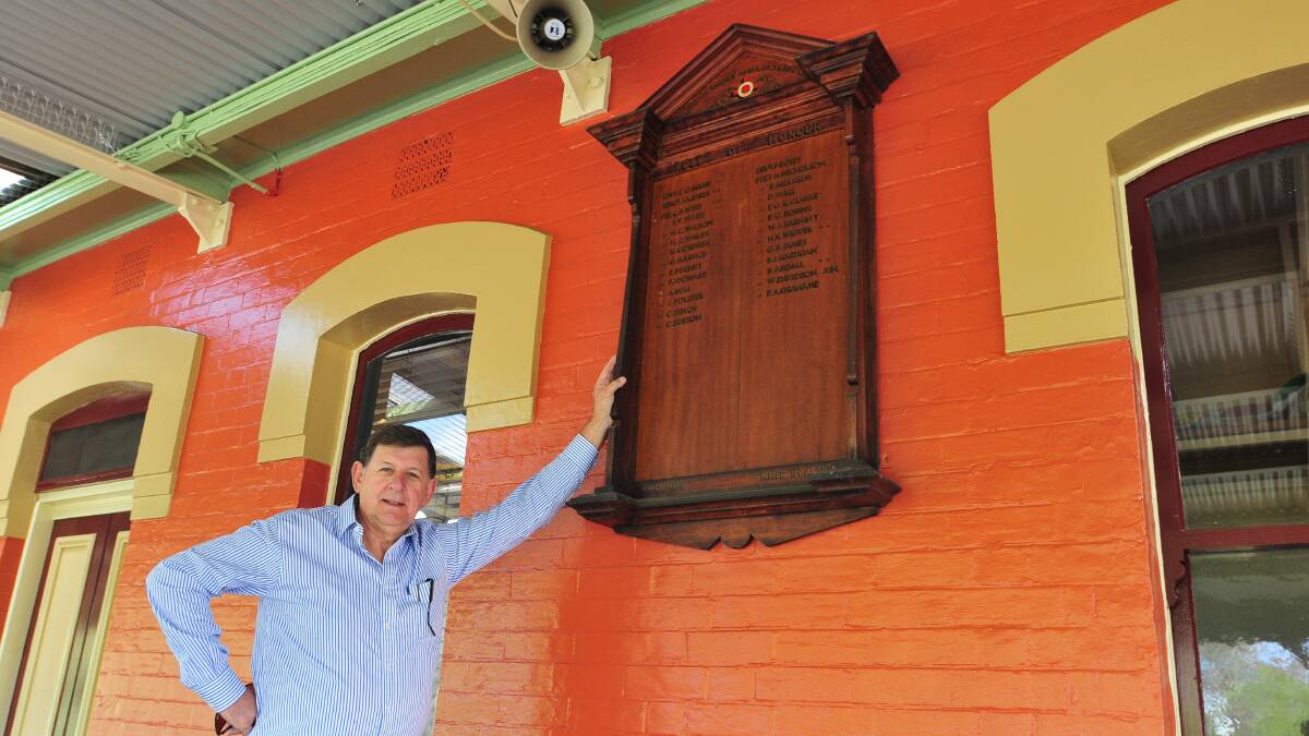 WORK IN PROGRESS: Centenary of Anzac working party chair Reg Kidd is looking forward to completing Orange’s World War I records. He is pictured with a plaque commemorating Orange railway workers who served during the war. Photo: JUDE KEOGH 0417railway1