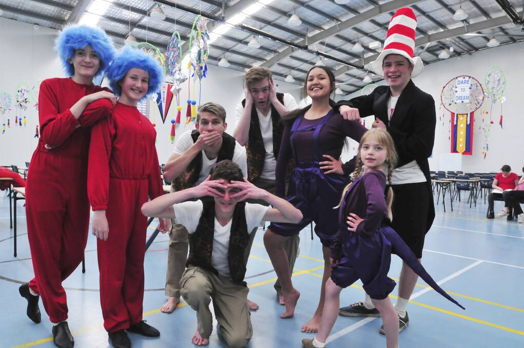 A FAVOURITE TALE: Cast members of Seussical the musical include (back) Anastasia Benton, Lauren Holdsworth, Hayden Buchanen, Rory Ryan, Portia Mitchell, Jack Dodds, (front) Hamish Pankhurst and Millie Punch. Photo: JUDE KEOGH  0921suess4
