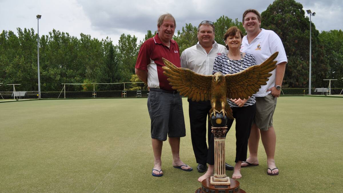 THE EAGLE HAS LANDED: Local Bloke Removalists’ Paul Davis and Orange City Bowling Club committee members Glen Robinson, Jean Kennedy and Lee Stinson prepare for the 2014 Golden Eagle. Photo: NICK McGRATH 0214nmeagle