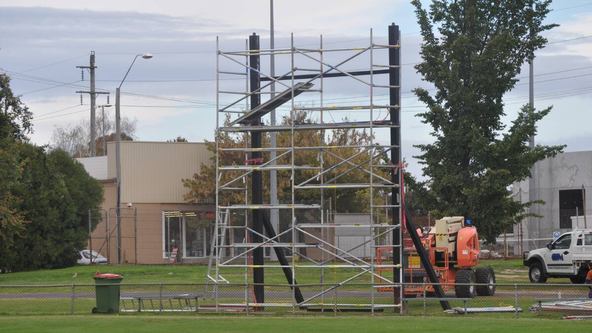 UNDER CONSTRUCTION: Scaffolding surrounds the Wade Park scoreboard framework. The new LED scoreboard is expected to be functional by Saturday.
Photo: MATT FINDLAY 0415mfwadepark