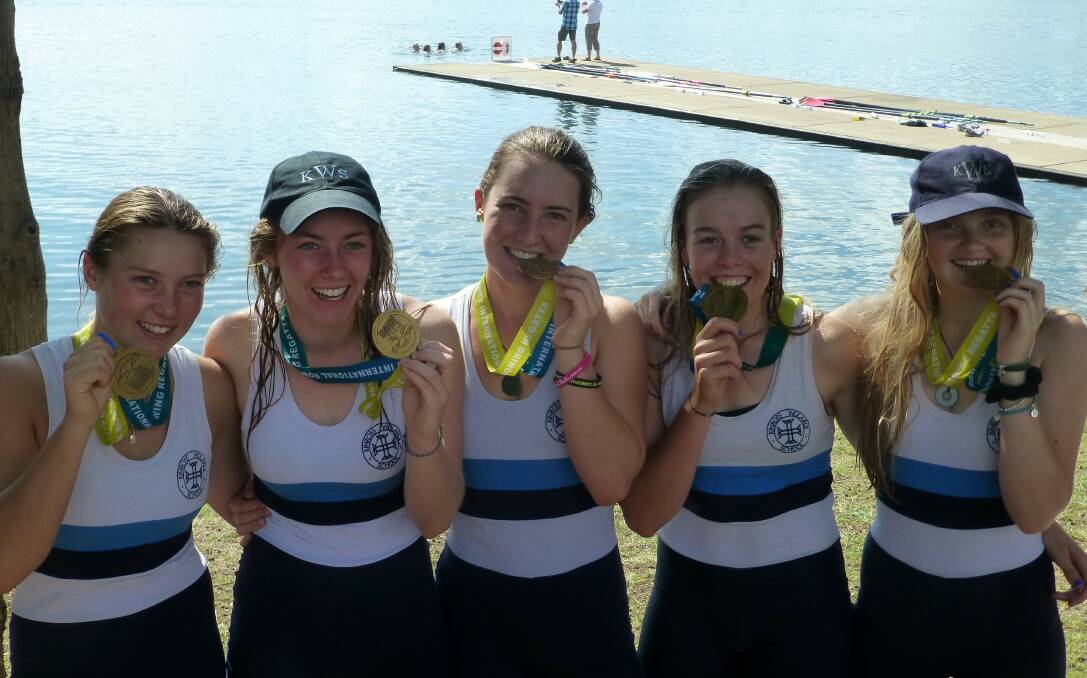 ON FIRE: Kinross Wolaroi’s champion schoolgirls coxed quad scull crew of Nicola Thomas (left), Madeline Hawthorne, Georgina Uttley, Kate Hall, and Siobahn Herbert (cox) clocked the fastest time at an Australian National Championship last week. Photo: contributed.