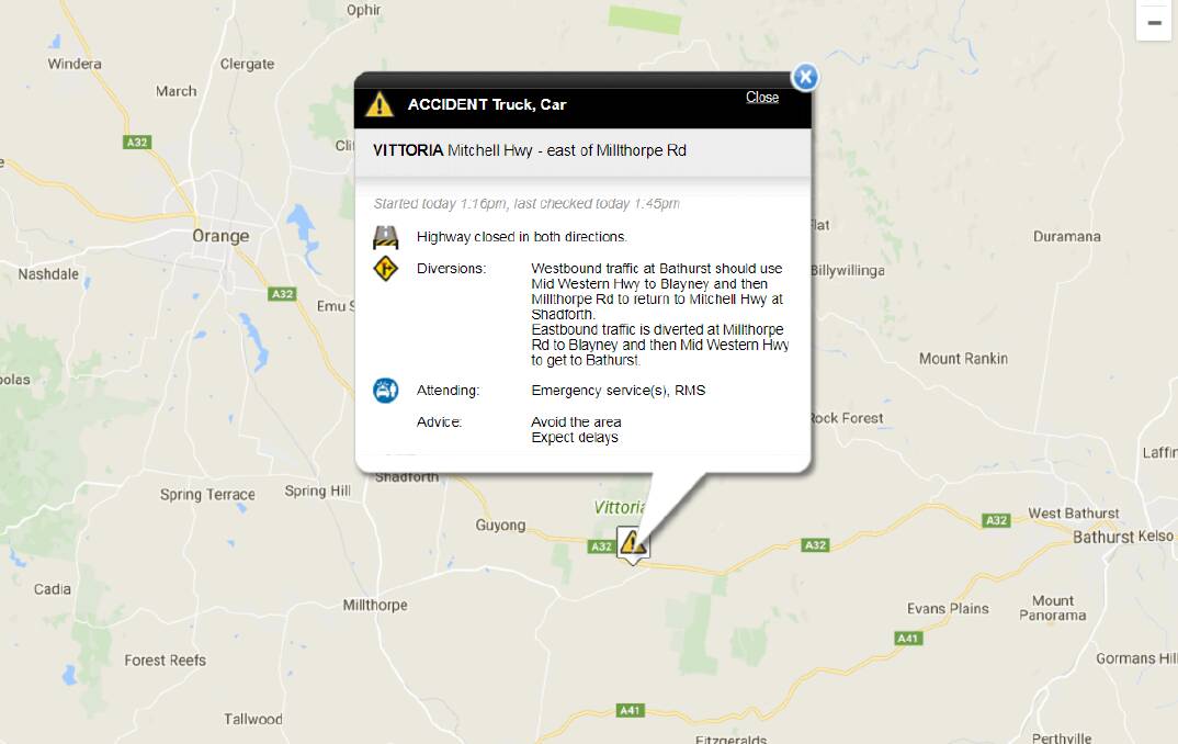 Diversions have been setup following an accident on the Mitchell Highway. Photo: NSW LIVE TRAFFIC