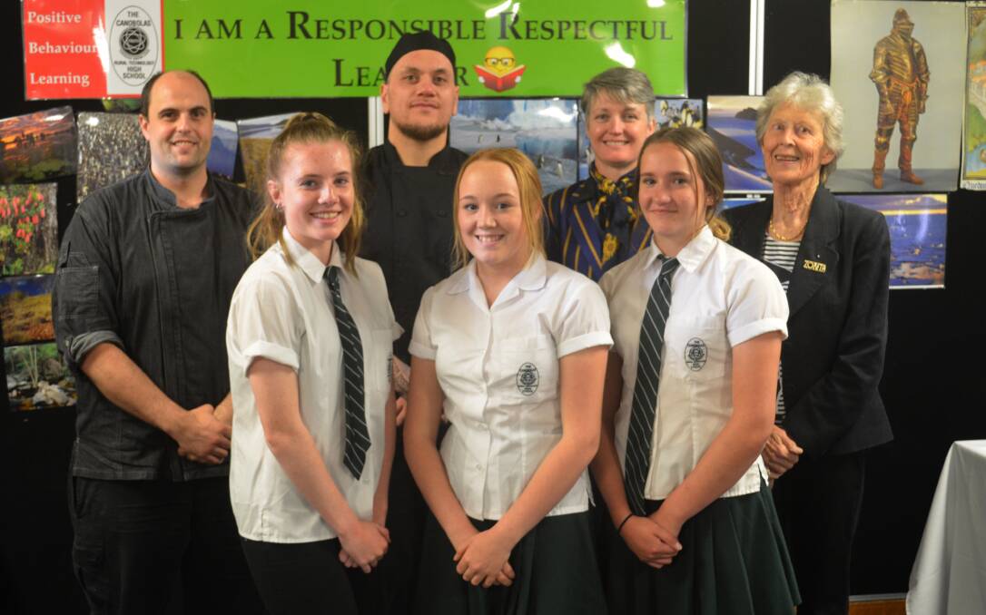 WELL COOKED: Judges Nathan Wheat (back, left), Rob Siolo, Joanne McRae, Patricia Logan and winners Chloe White (front, left), Chloe Jones, Briana Priest. Photo: CANOBOLAS RURAL TECHNOLOGY HIGH SCHOOL