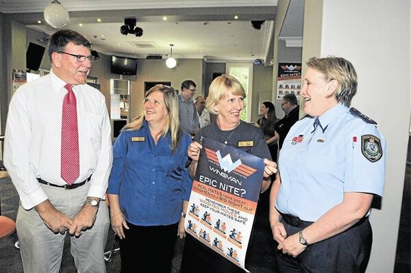 KEEPING AN EYE ON YOUR MATES: Orange City councillor Glenn Taylor, community safety and special programs officer Lynda Bowtell, Karen Boyd, and Detective Inspector Denise Godden at the launch of the Look After Your Mates - Wingman program. Photo JUDE KEOGH   0125wingman