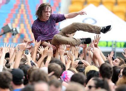 Riding the wave … Matthew Shultz, vocalist with Cage the Elephant, at Auckland's Big Day Out on Friday.