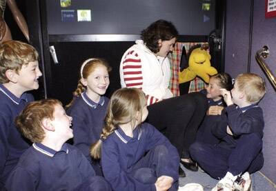 HAROLD-MANIA: Healthy Harold (aka Eve Thompson) nibbles on Meg Neville’s ear as fellow St Mary’s Year 1 students Angus Cooke, Jedd Bennetts, Emily Cornish, Paige Alexander and Brock Kerwick look on.