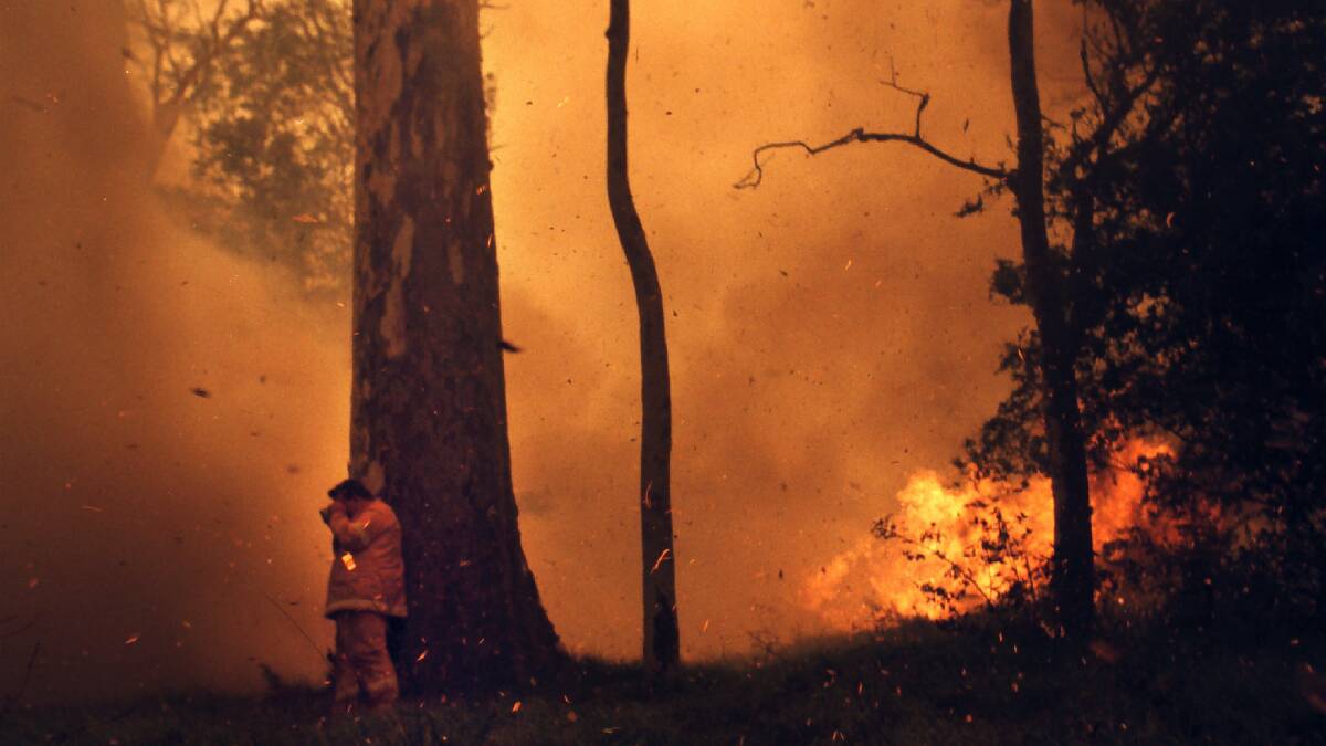 A Rural Fire Service member hides from flames and embers during a bushfire in Orangeville. Photo: NICK MOIR
