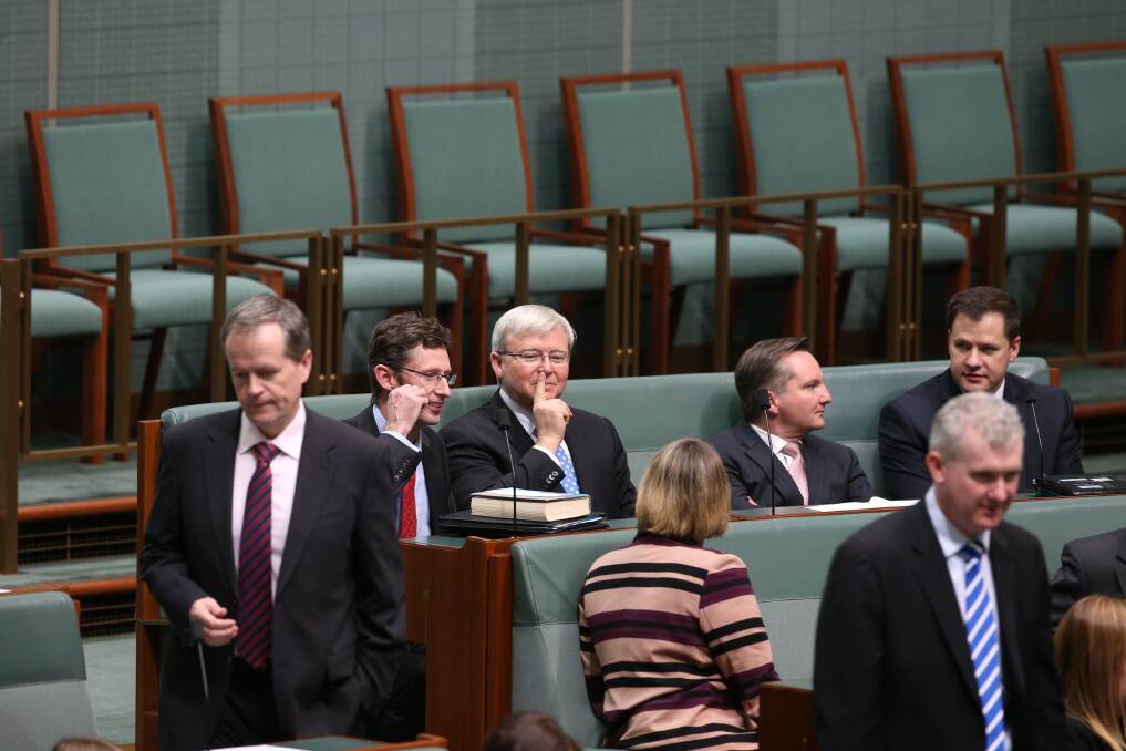 Kevin Rudd sits with Labor MPs in the House of Representatives. Photo: ANDREW MEARES