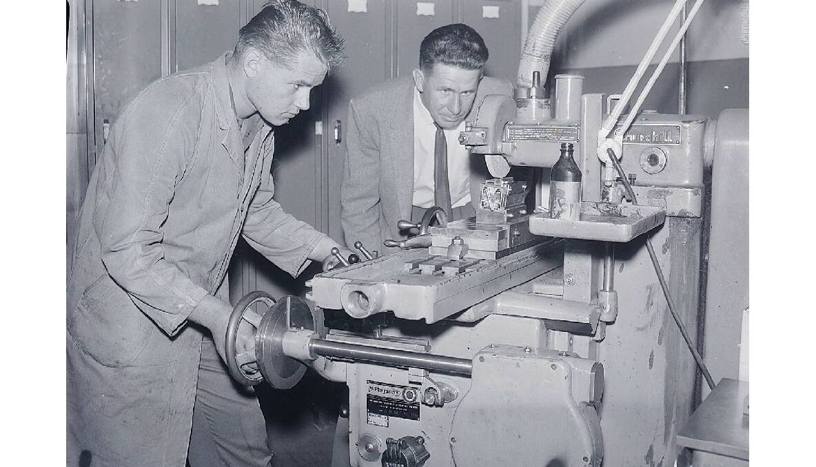 Alar Kiho and his father Leon at the Emmco factory, 1962. Photo: CWD Negative Collection, Orange & District Historical Society.