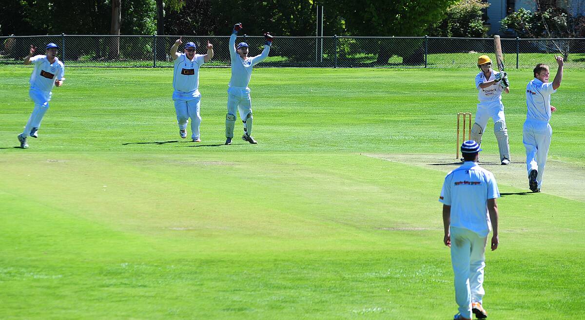HOWS THAT: Orange under 21s bowler Tom Bristow claims the wicket of a Mudgee batsman at Riawena Oval.