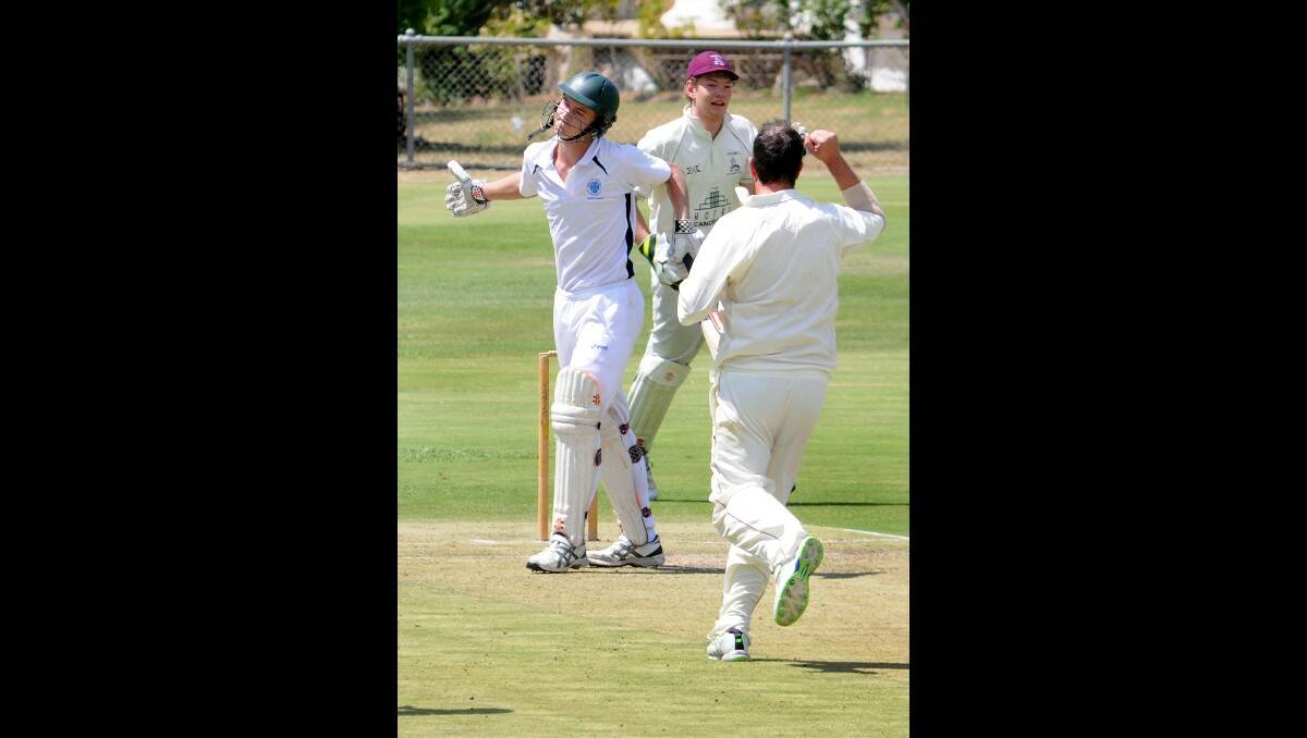 Kinross batsman Hugh Britton shows his disappointment at being dismissed against Cavaliers in ODCA first grade action at Riawena Oval on Saturday. Photo: STEVE GOSCH