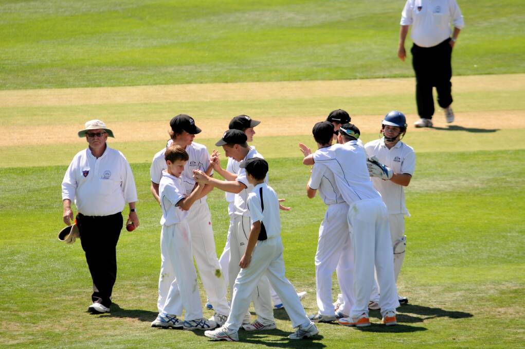 Mitchell celebrate a wicket in Thursday's final against ACT Under 15s at Wade Park. photo: STEVE GOSCH