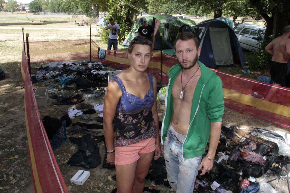 ANGRY: Backpackers Marie Dufour and Antoine Mickael's tent and possessions were destroyed by a fire. Photo: JACK KEMP