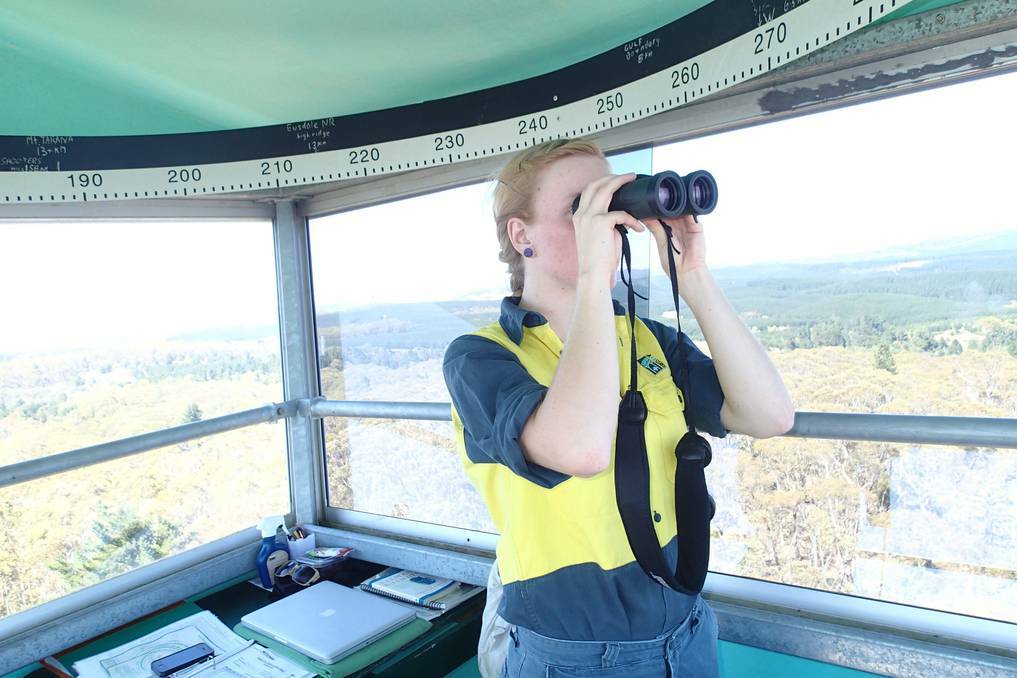 BATHURST: Fire tower operator Caitlin Knight keeps a close eye on the Sunny Corner State Forest. Photo: DAVE ANDERSON 011414firetower