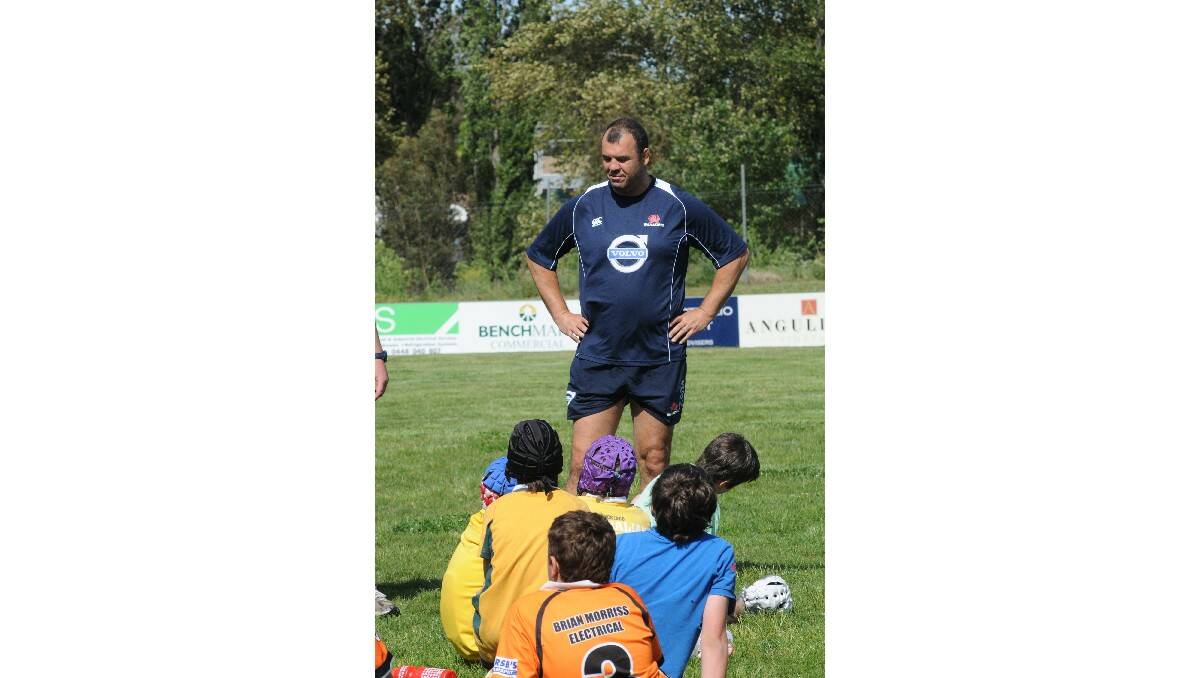 November 2: NSW Waratahs head coach Michael Cheika was in Orange for the HeartKids Rugby Cup to run a junior coaching clinic and mentor the Central West Invitational side in their charity game against Deadwood Rugby Club. Photo: LUKE SCHUYLER 1102lsrugby1