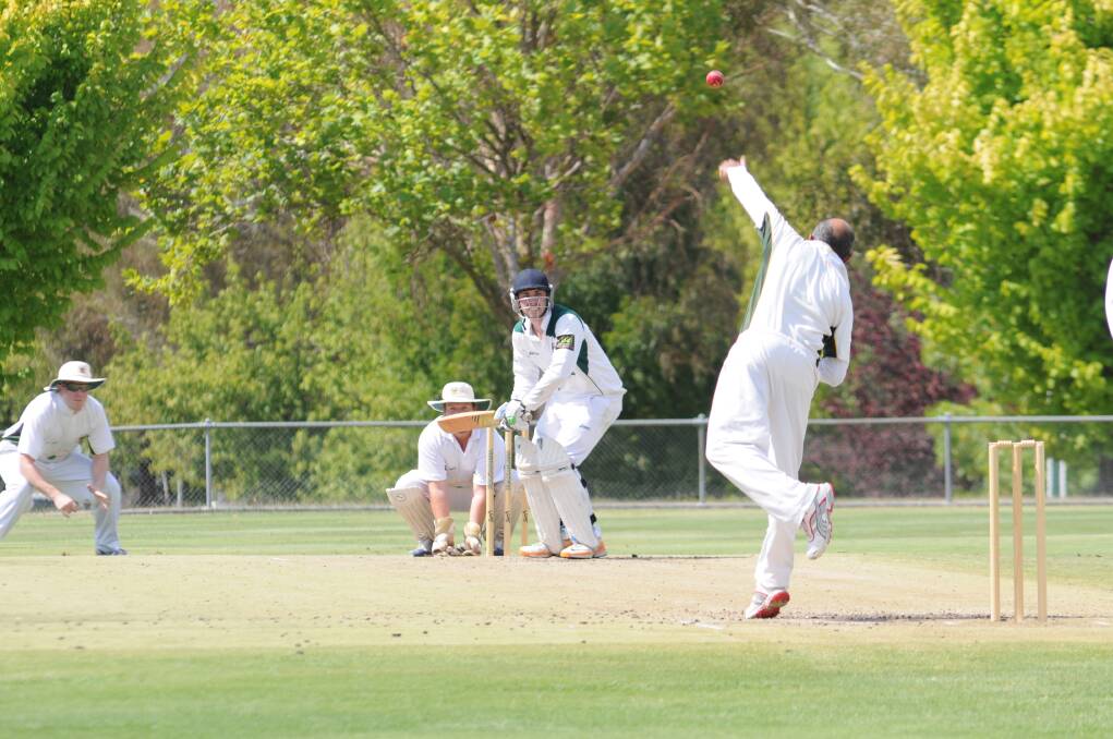 Orange City's John Warrington awaits the delivery of CYMS' Al Dhatt in their ODCA first grade game at Riawena Oval on Saturday. Photo: LUKE SCHUYLER