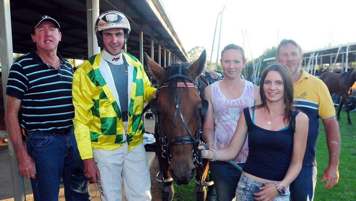 FORBES: Trainer Pat Jones, Nathan Townsend, Emma Jones, Tara Jones and Terry Jones celebrate with What I Mean To Say after ­winning in Dubbo on Thursday evening. Photo: BELINDA SOOLE