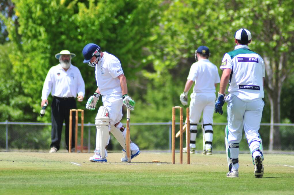 CRICKET: Centrals' CHris Hutchinson is dismissed against Orange City in ODCA first grade on Saturday. Photo: JUDE KEOGH