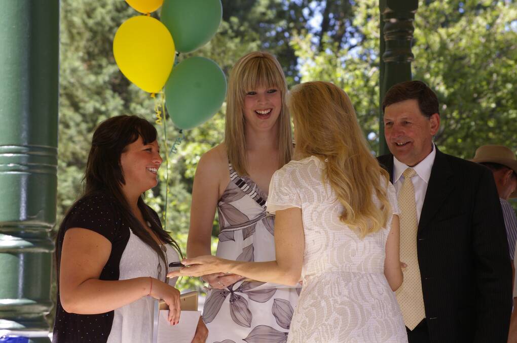 2009: Orange Young Citizens of the Year - Katie Gorringe and Bridget Flakelar, receiving their awards from Australia Day Ambassador Catriona Rowntree and mayor Reg Kidd.