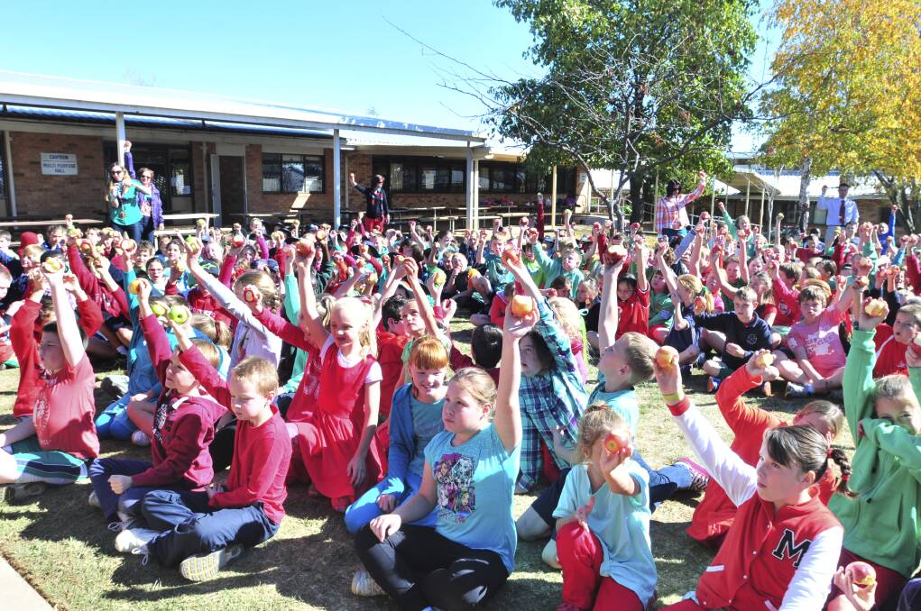 HANDS UP: 380 students at St Mary's Catholic Primary School took part in the Apple Festival Big Crunch. Photo: JUDE KEOGH