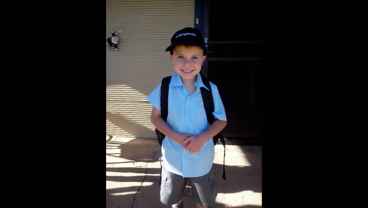Lachlan Goldie on his first day of kindergarten at Clergate Public School. Photo: SARAH WEBSTER