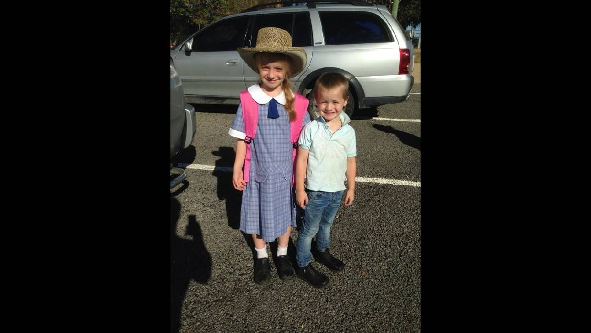 Isabella Hopping, 7, on her first day of Year 2 at Errowanbang Public School, pictured with her brother Bradley 4. Photo: CASS HOPPING
