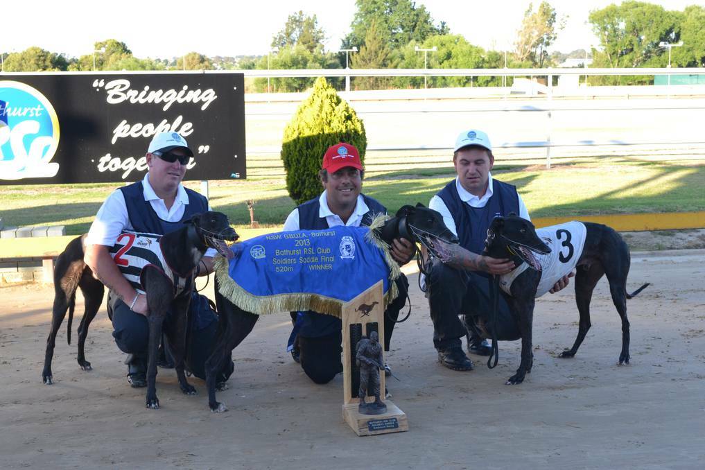 BATHURST: David Pringle (centre) is all smiles after Jack’s Joker won the Soldier’s Saddle. Toby Weekes (left) finished third with Soviet Missile, while John Bowman handles second-placed Fancy Rhythm. Photo: ALEXANDER GRANT 120313dogs