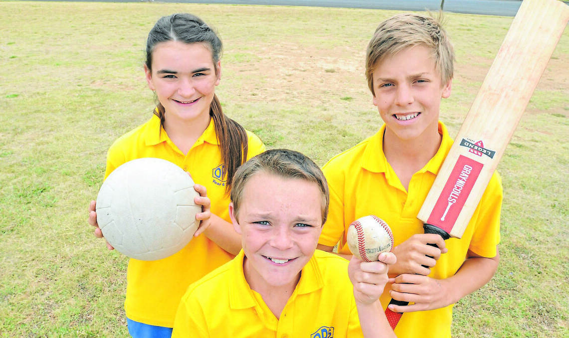 ORANGE: THEY say good things come in threes, just ask Orange Public School vice principal Rebecca Hilton Brown.  For the first time in the school’s history, three OPS teams qualified for the Primary Schools Sports Association state finals. The captains of Orange Public School’s state representative teams are Gidget Hall (netball), Bailey Ferguson (softball) and Sam Ridley (cricket). PHOTO: STEVE GOSCH 1129sgops2